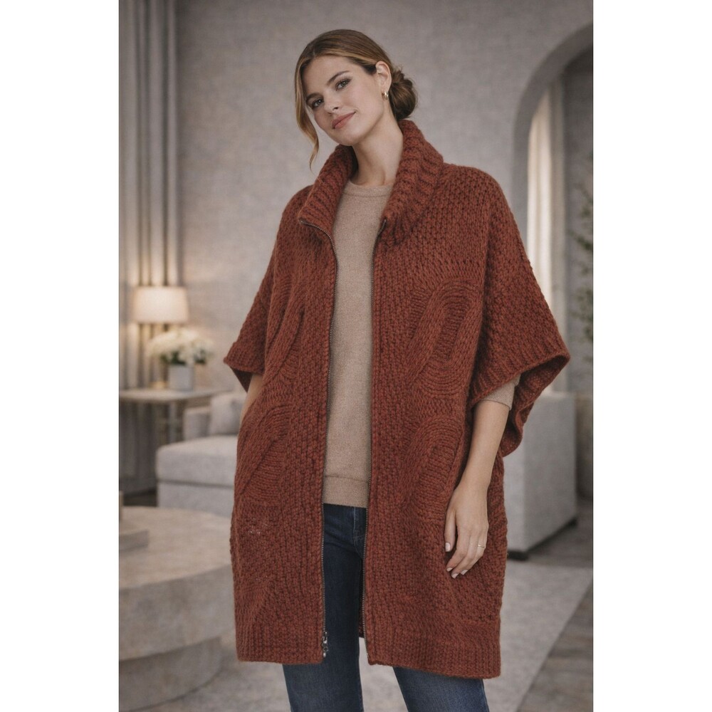 ELSAMANDA ANTHROPOLOGIE New Chunky Knit Zip Cardigan Sweater Brown OneSize Italy